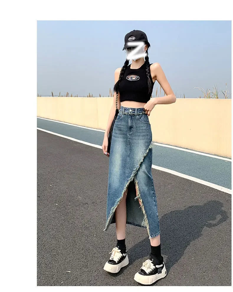 Fashionable Denim Skirt For Women High-waisted A- line Hip Covering Long Dress Casual Style Perfect For Summer 2024