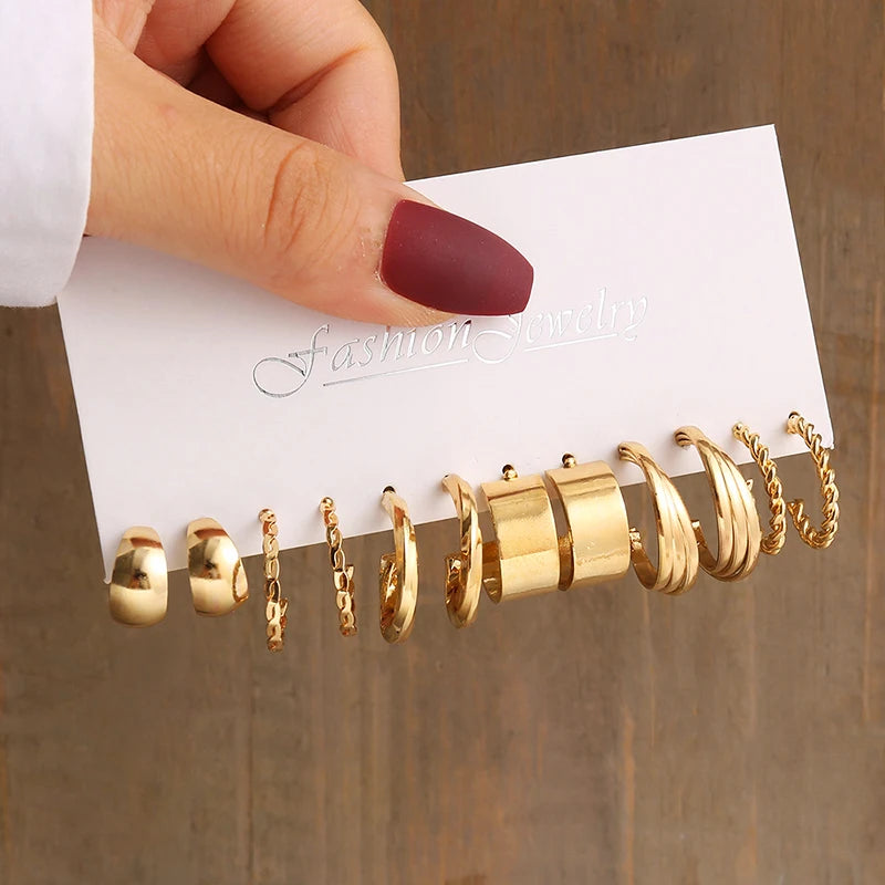 Gold Color Vintage Geometry Pearl Earrings Set Metal Twine Square Dangle Earrings Round for Women Simple Trendy Party Jewelry