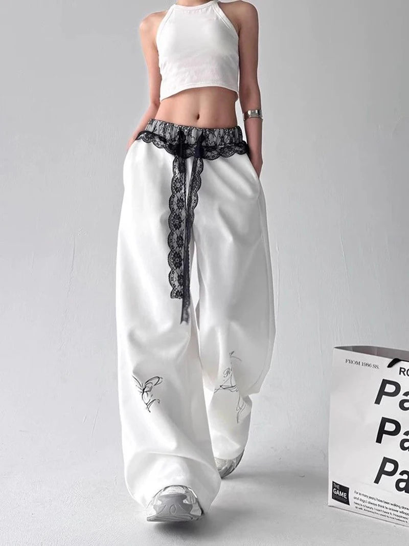 Zoki Vintage Bufferfly Y2K Sweatpants Women Loose High Waist Lace Patchwork Pants Streetwear Retro Casual Bf Harajuku Trousers