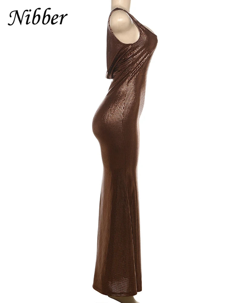 Nibber Sequins Backless Dress Women Sexy Solid Square Collar Sleeveless Skinny 2025 Summer Fashion Glitter Stretch Long Bodycon