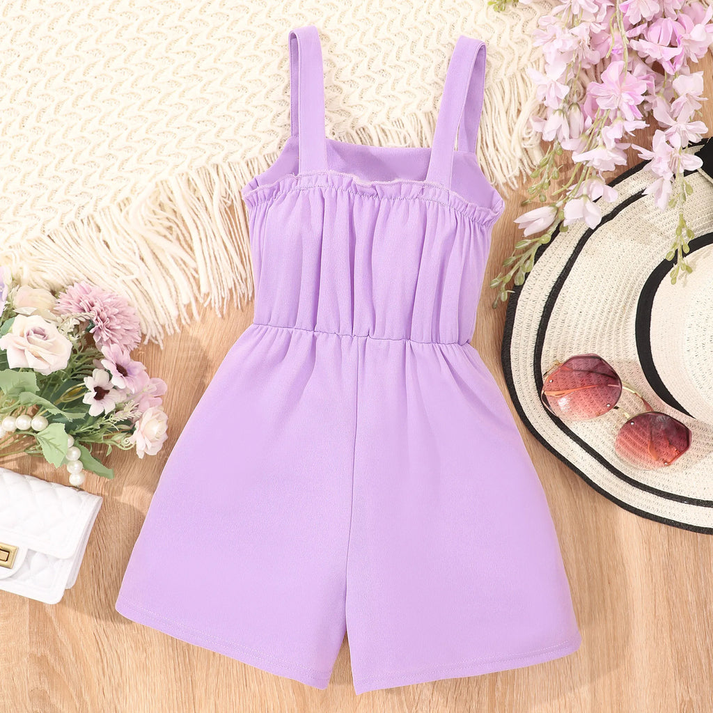 Girls Casual Solid Button Decor Sleeveless Jumpsuit Romper For Summer Gift