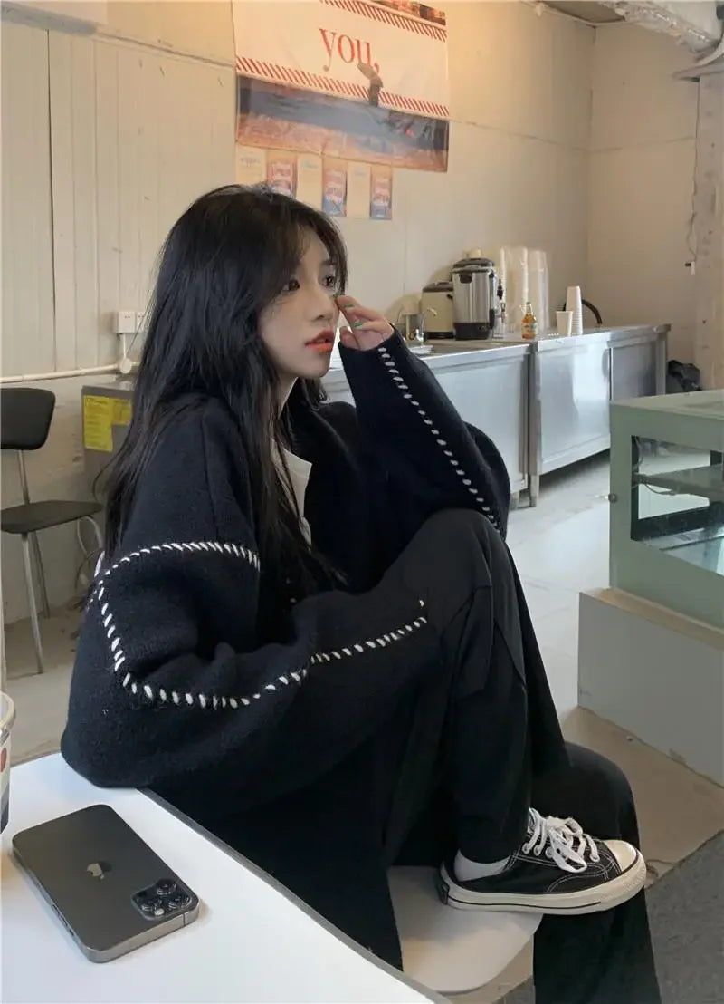 Autumn and Winter Lazy Style V-neck Knitted Sweater Cardigan Women Korean Version Loose Casual All-match Sweater Cardigan Coat