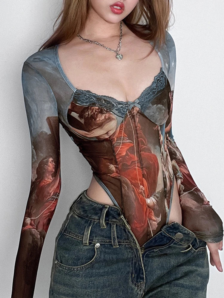 Rockmore  Vintage Printed Mesh Bodysuits Women Lace Bow Square Neck High Waist Wrapping Long Sleeve Bodysuit Halloween Christmas