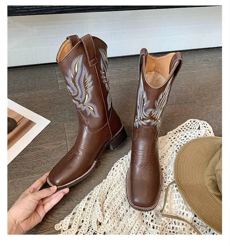 Fall Women Mid-calf Boots 2025 Vintage Leather-covered Brown Western Cowboy Boots Embroidered Chunky Heel Thigh-high Knight Boot