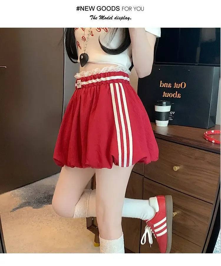 American Style Spliced Lace Stripe High Waist Half Skirt Women Summer Anti Exposure Flower Bud Puffy Short Skirt Polyester Fiber
