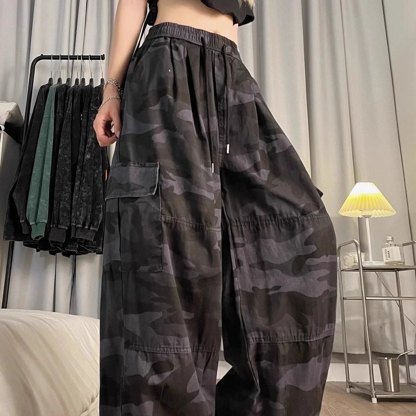 American High Street Camouflage Work Pants Women's Dstring Hip Hop Large Size Loose Straight Leg Wide Leg Trousers