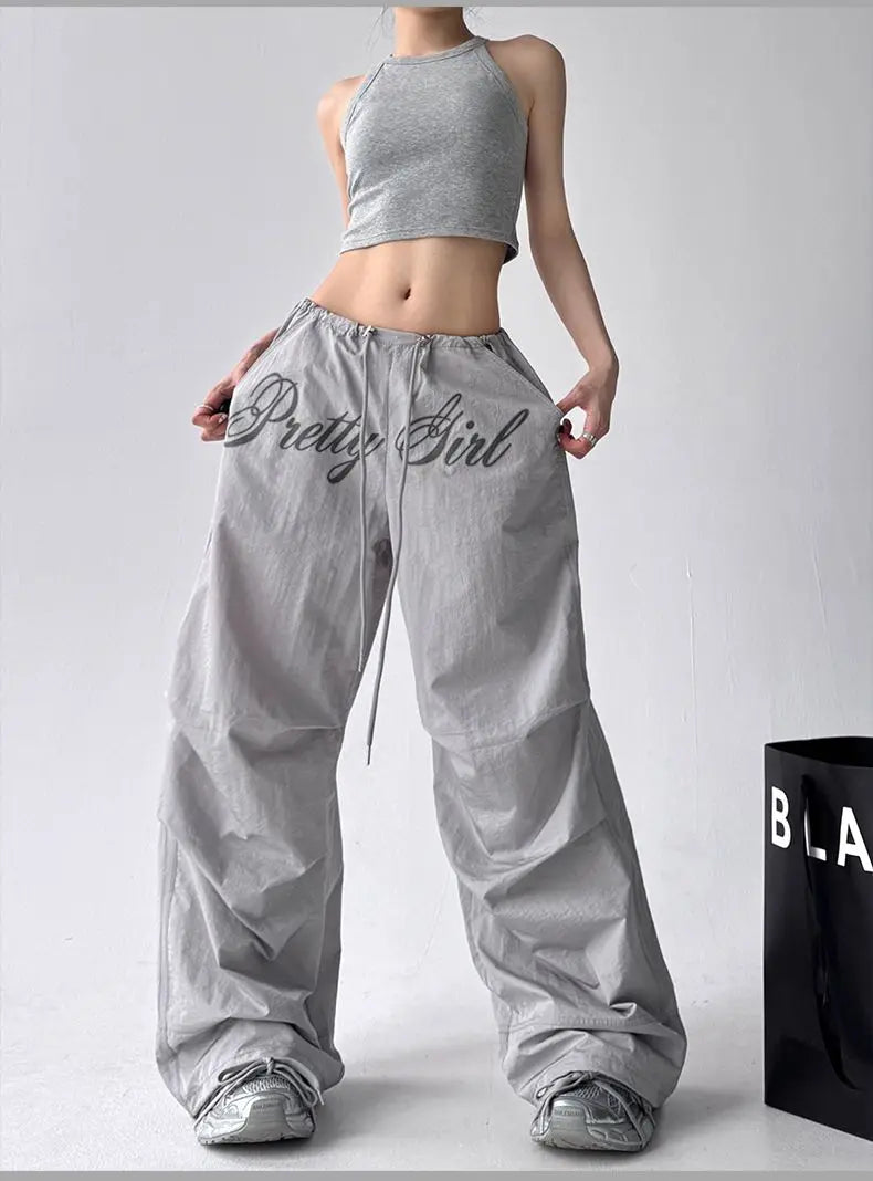 American retro black printed Spice Girls Street Dance Scimitar Pants Women's Loose Design Splicing Summer New Wide Leg Pants