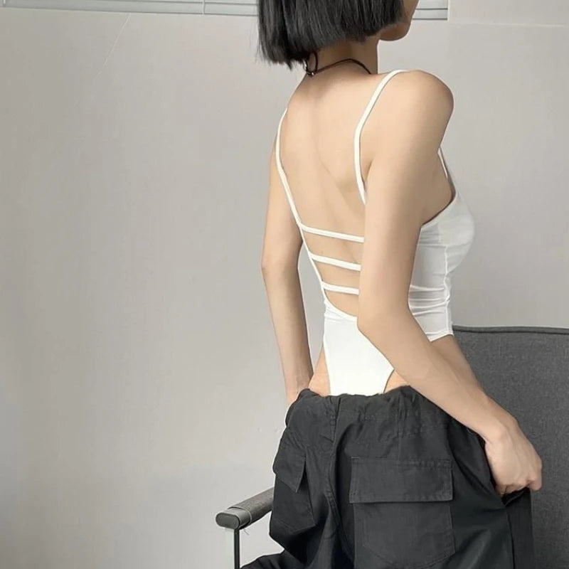 Solid Backless Camis Women Summer with Chest Pad Hollow Out Crotchless Top Sexy American Style Hotsweet Streetwear Slim Thin