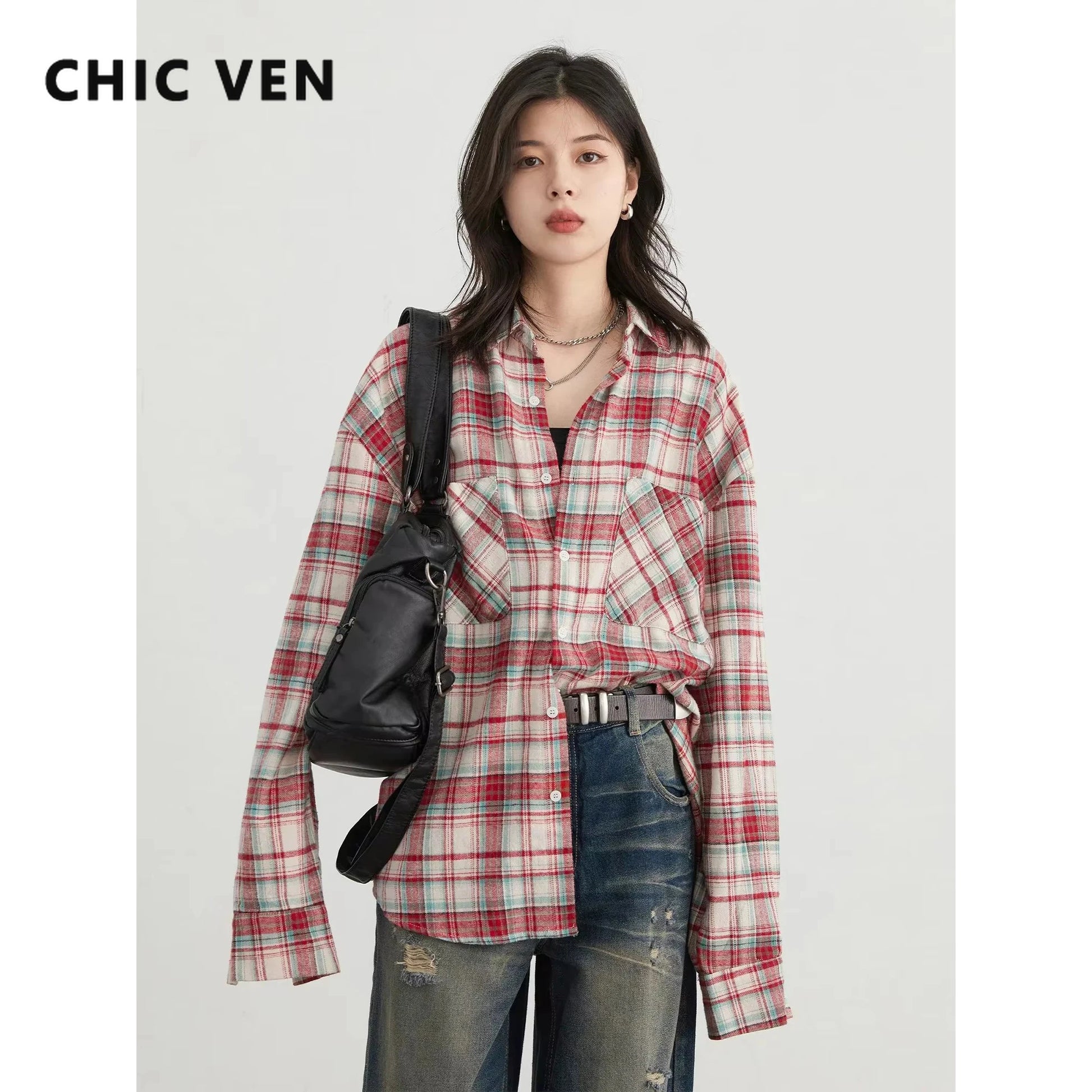 CHIC VEN Women's Cotton Shirt Single Breasted Loose New Retro Color Blocked Grid Female Blouses Autumn Spring 2024