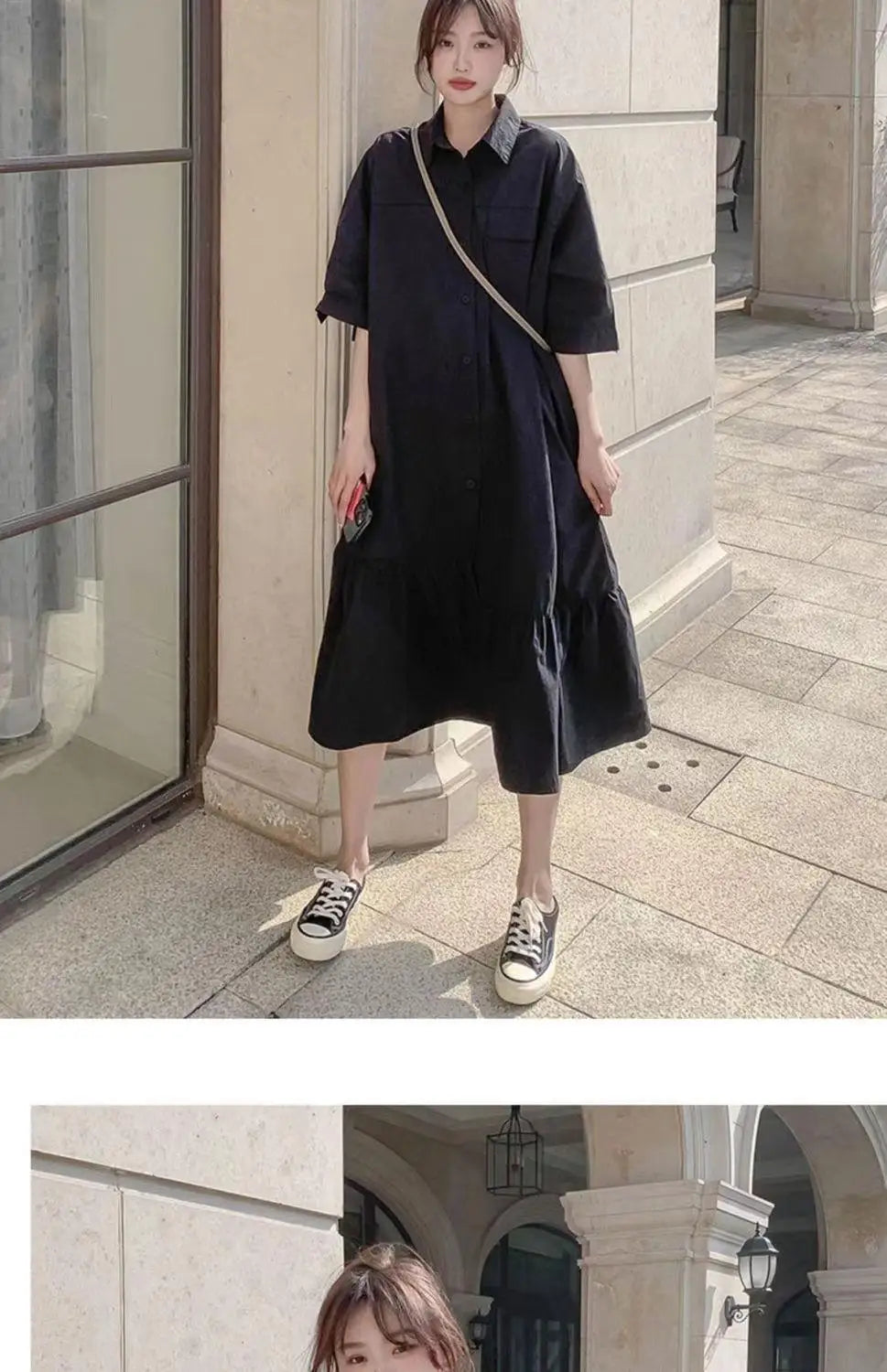 plus Size Khaki Shirt Dress Women Casual Summer Loose Fit High Waist A-Line Skirt Long Sleeve Polo Collar Polyester Fiber