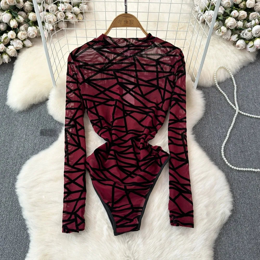 Foamlina Sexy Hollow Out Mesh Bodysuits for Women Fashion Striped Print Stand Collar Long Sleeve Slim Fit Club Party Jumpsuits