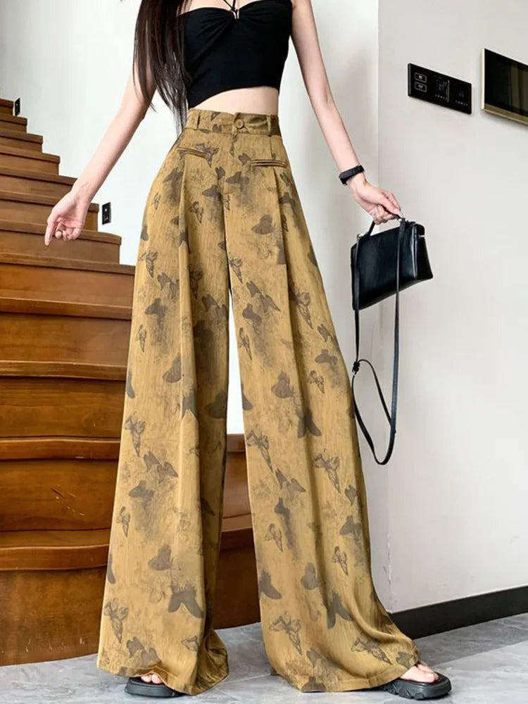 Zoki Bufferfly Print Satin Wide Leg Pant Women Loose Elegant Fashion High Waist Korean Trousers Casual Sweet High Quality Pants