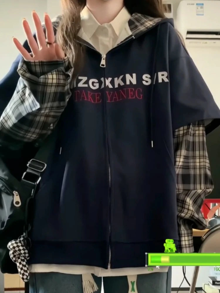 Patchwork Plaid Hoodies 2025 Women's Clothing Streetwear Fashion Sweatshirts Y2k Tops Thicked Hooded Casual Oversized Hoodie