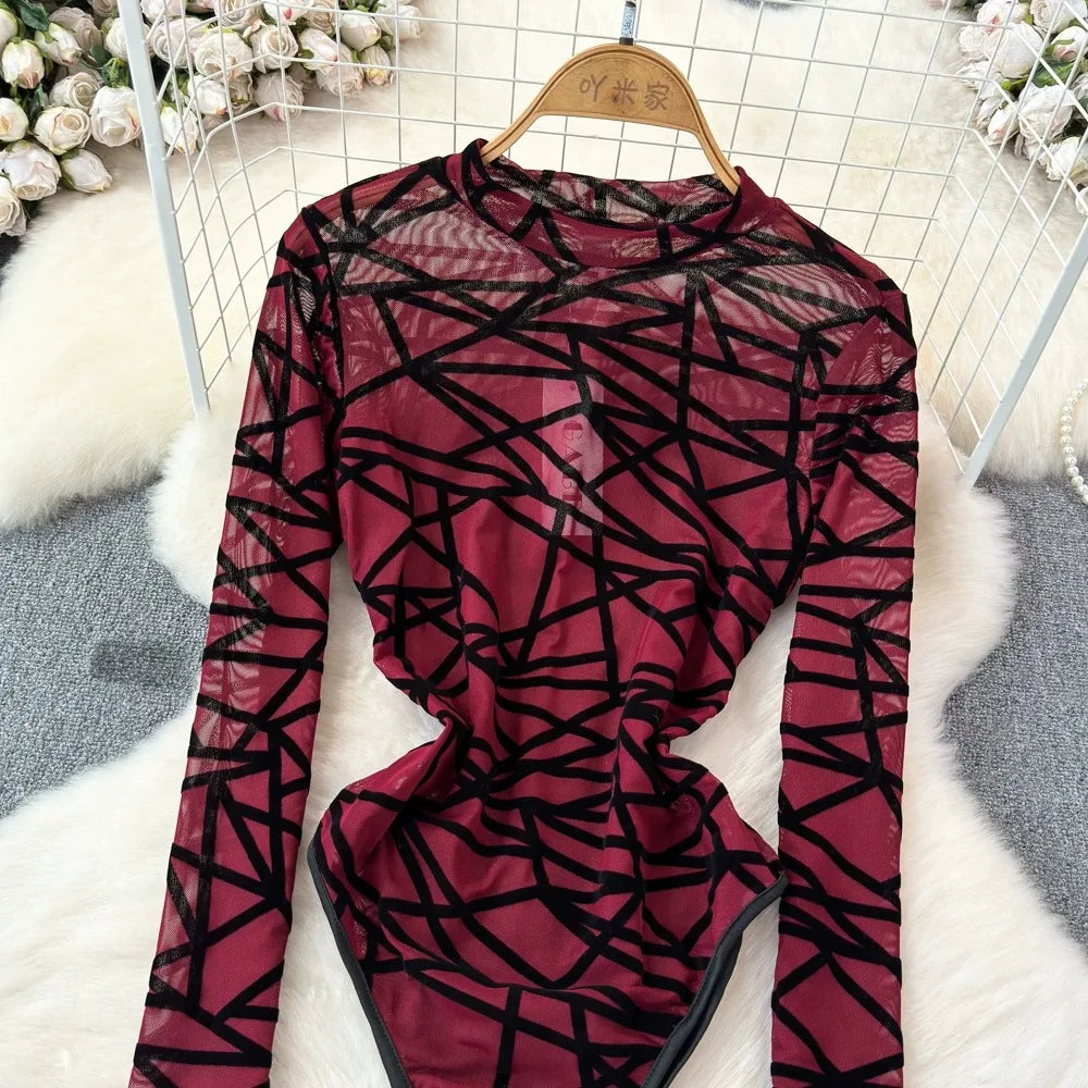 Foamlina Sexy Hollow Out Mesh Bodysuits for Women Fashion Striped Print Stand Collar Long Sleeve Slim Fit Club Party Jumpsuits