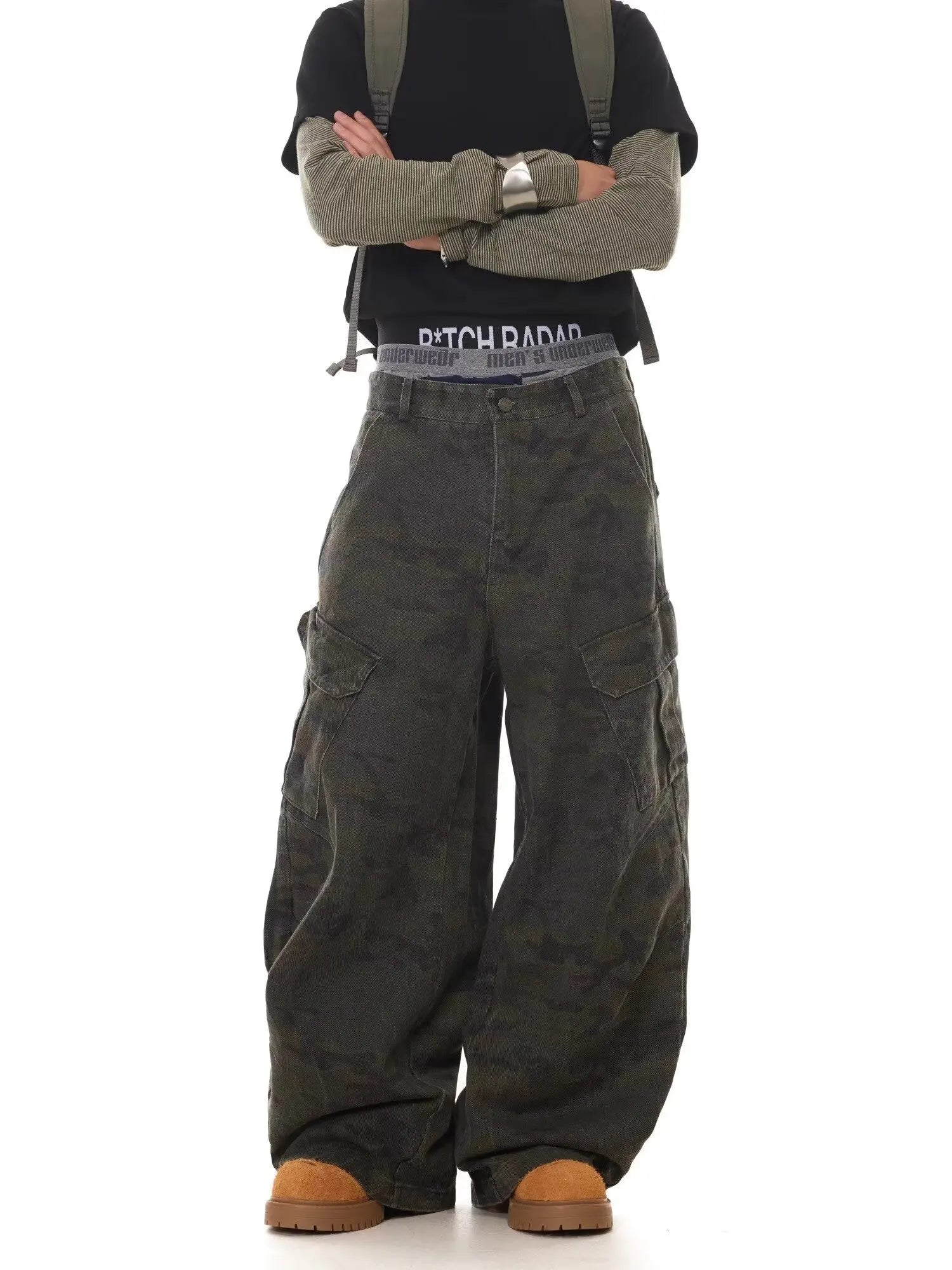 American Retro Multi-pocket Camouflage Silhouette Scimitar Jeans Niche Baggy Wide-leg Sickle Casual Pants Hoodies Men's Clothing