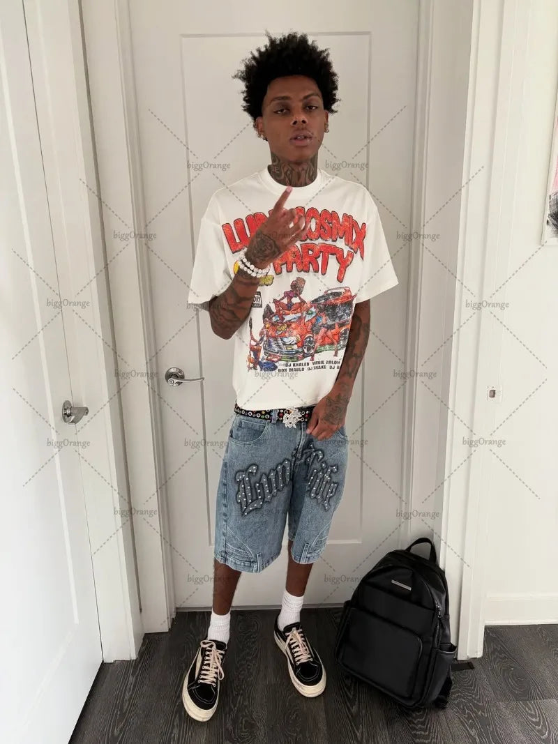 Summer Retro Letters Fashionable Loose Cotton White T-shirt Men American New Street Hip-hop Casual Oversized Short-sleeved Women