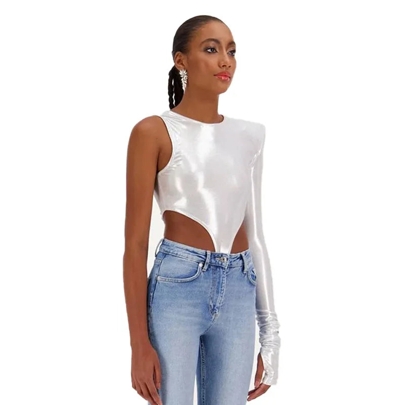Shoulder Pads Metallic Asymmetrical Sexy Bodysuit Casual Playsuit Soild Splicing Lady Jumpsuit Slim Fit O-Neck Streetwear Tops