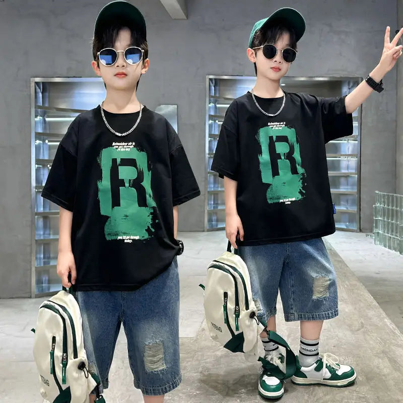 New Boys Fashion Summer 2pcs Cotton T-shirts+Denim Shorts Sporty Suits Teenage Kids Korean Style Outfits Sets Children Clothes