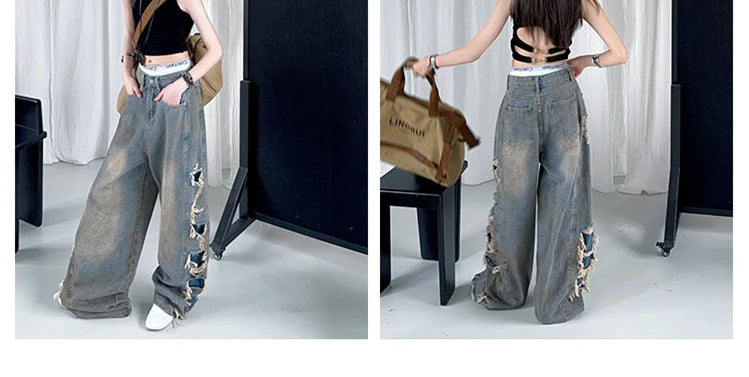 Kids Child American Vintage Washed and Distressed Jeans with Side Hole For Girl High Street Fashion  Wide Leg Broken Denim Pants
