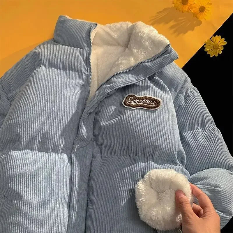 Fog Blue Cotton-padded Coat Men's Winter Thickened Hong Kong Style Corduroy Cotton Jacket Design Sensibility Niche 2023 Workwear