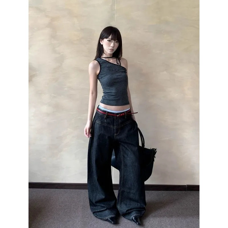 American Retro Primary Color Scimitar Jeans Women's Summer New High Street Design Loose and Thin Wide Leg Floor Pants