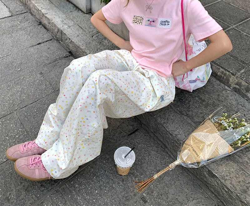 Zoki Stars Print Letter Cargo Pants Women Sweet Fashion High Waist Wide Leg Trousers Casual Loose Preppy Style Female Cute Pants