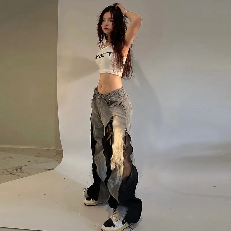 Women's Hip Hop Two-tone Patchwork Low Rise Zipper Denim Pants Baggy Wide Leg Dragging Designer Trousers High Street Jeans Pants