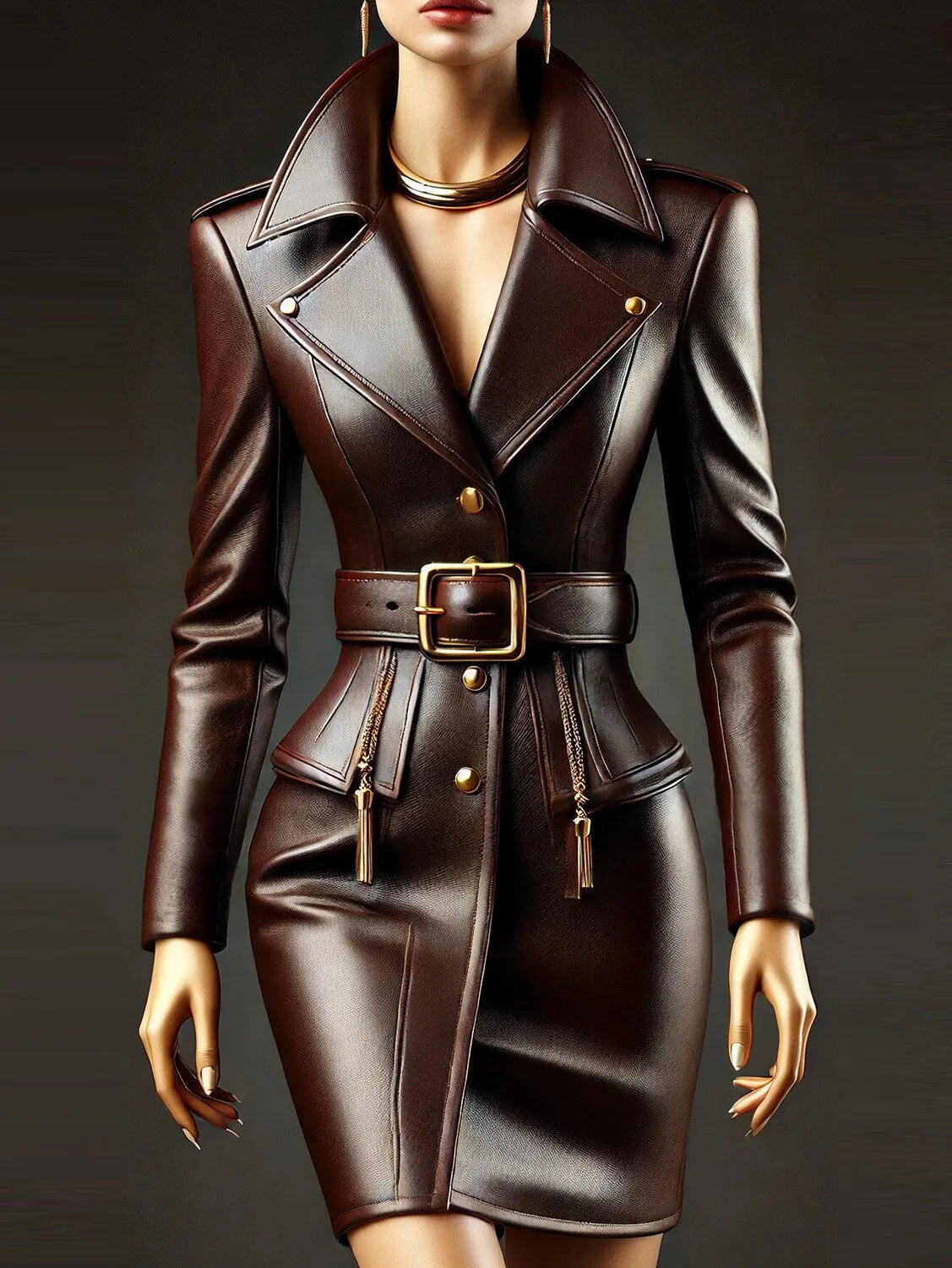 Women's PU Leather Lapel Mini Dress Long Sleeve Belt Button Detail Chic Office Party Daily Wear Fashion Fall Outfit