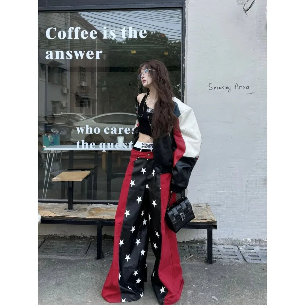 2025 Fall Winter Y2K Sweet Grunge Star Print PU Leather Patchwork Jeans Women Oversized Baggy Streetwear Wide Leg Pants