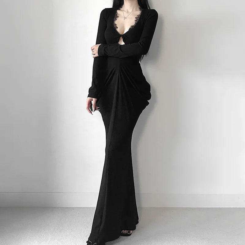 AltGoth Fairycore Grunge Elegant Midi Dress Women Mall Gothic Sexy Lace Patchwork Hollow Out Long Sleeve High Waist Corset Dress