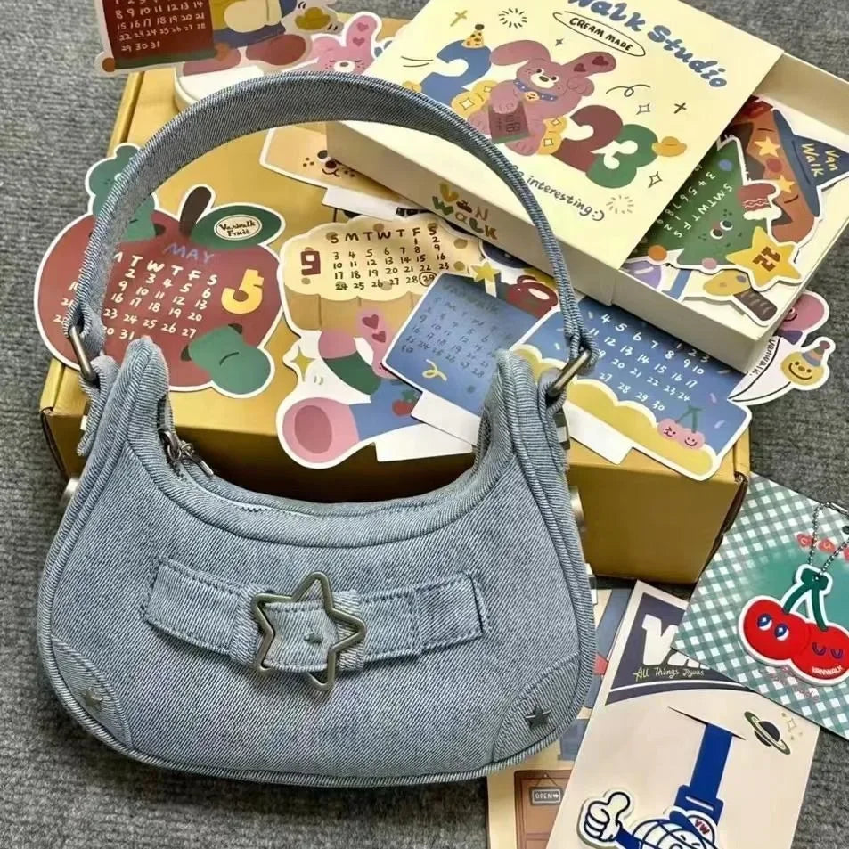 Handbag, women's small bag, mobile phone bag new high-end feeling, autumn retro denim star girl shoulder bag niche hand bag