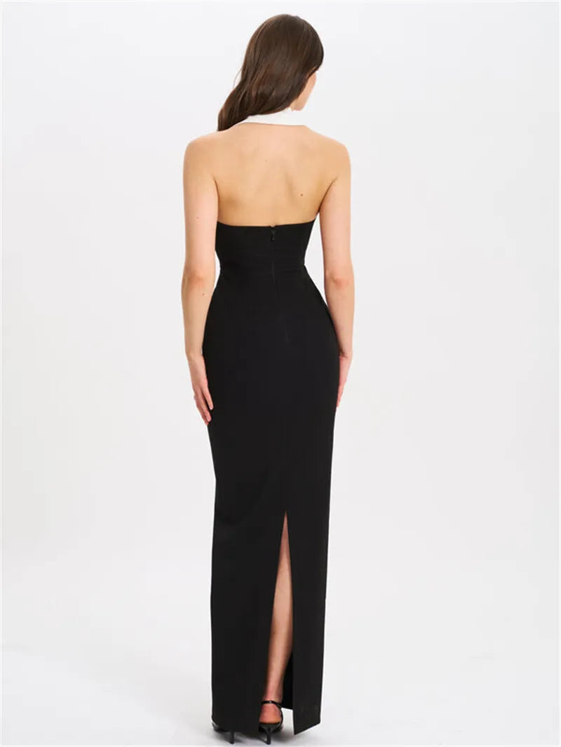 Mozision Halter Backless Sexy Maxi Dress For Women Gown Contrast Color Notched Collar Sleeveless Bodycon Club Party Tank Dress