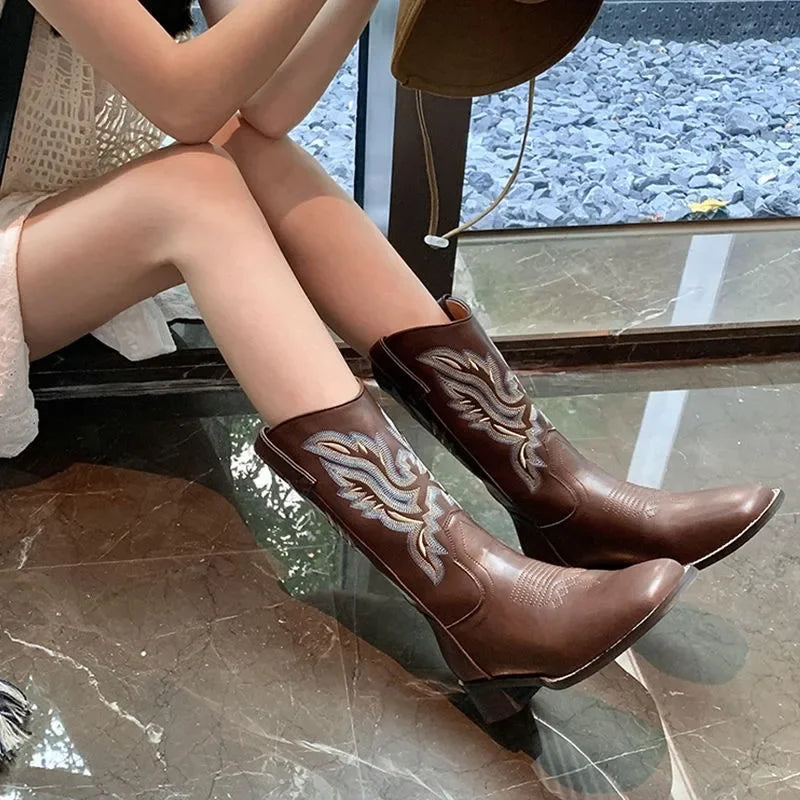 Fall Women Mid-calf Boots 2025 Vintage Leather-covered Brown Western Cowboy Boots Embroidered Chunky Heel Thigh-high Knight Boot