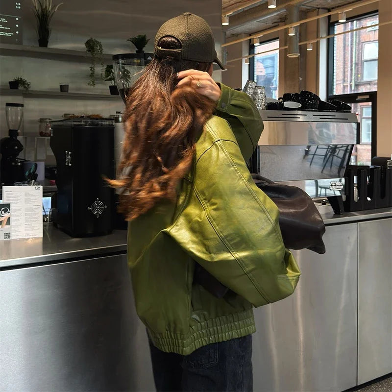 Fashion Green PU Leather Jacket Women Laple Zipper Loose Full Sleeve Single Breasted Cropped Coat 2024 New Lady Solid Streetwear
