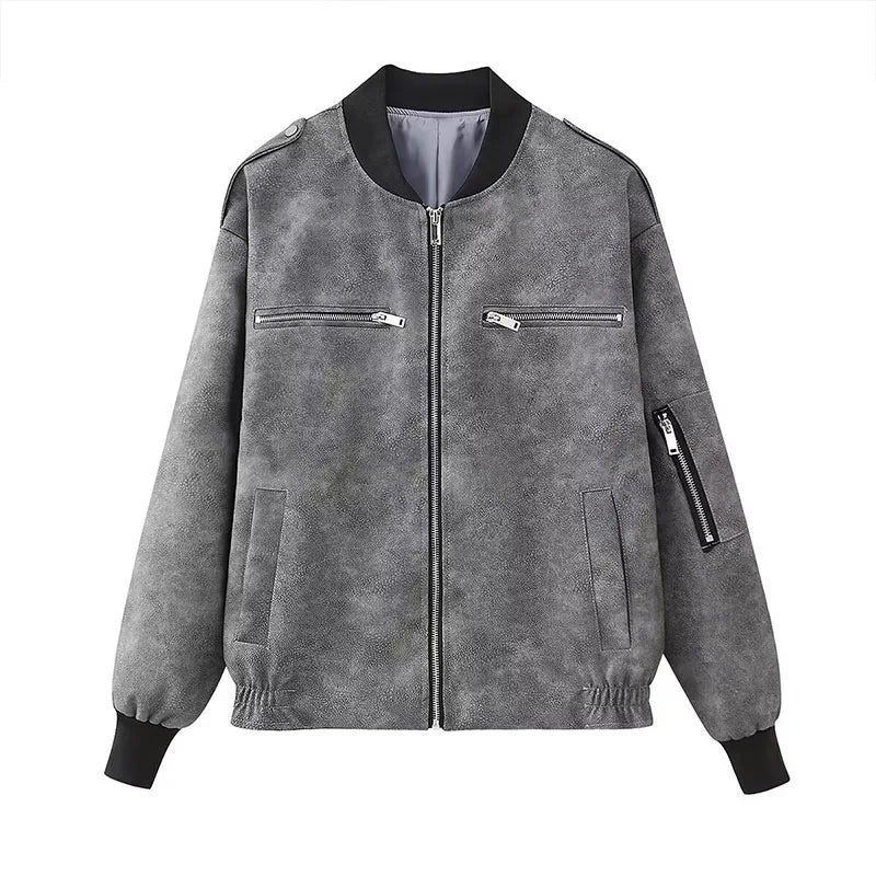 2025 Autumn Women's Leather Jacket, Personalized Street Style Women's Casual Round-neck Zipper Flight Commuting Jacket
