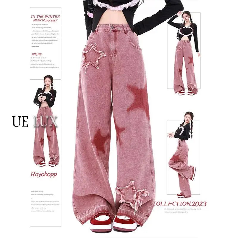 American Retro Jeans Five-point Star Raw Edge Splicing Loose Wide-leg Jeans Women Look Thin Trendy All-match Mopping Pants Women