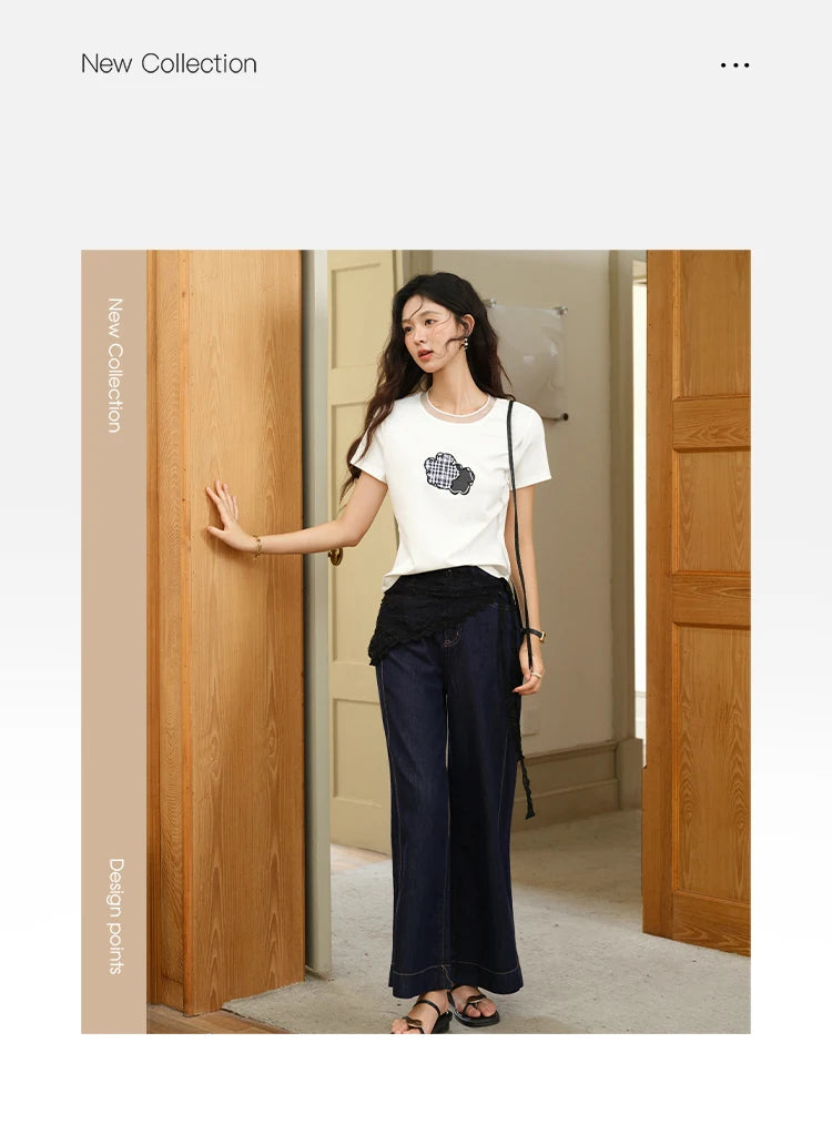 MISHOW Lace Edge Splicing Short Sleeve T-shirt for Women 2025 Summer Female Round Neck Simple Top Women's Clothing MXE38T0630