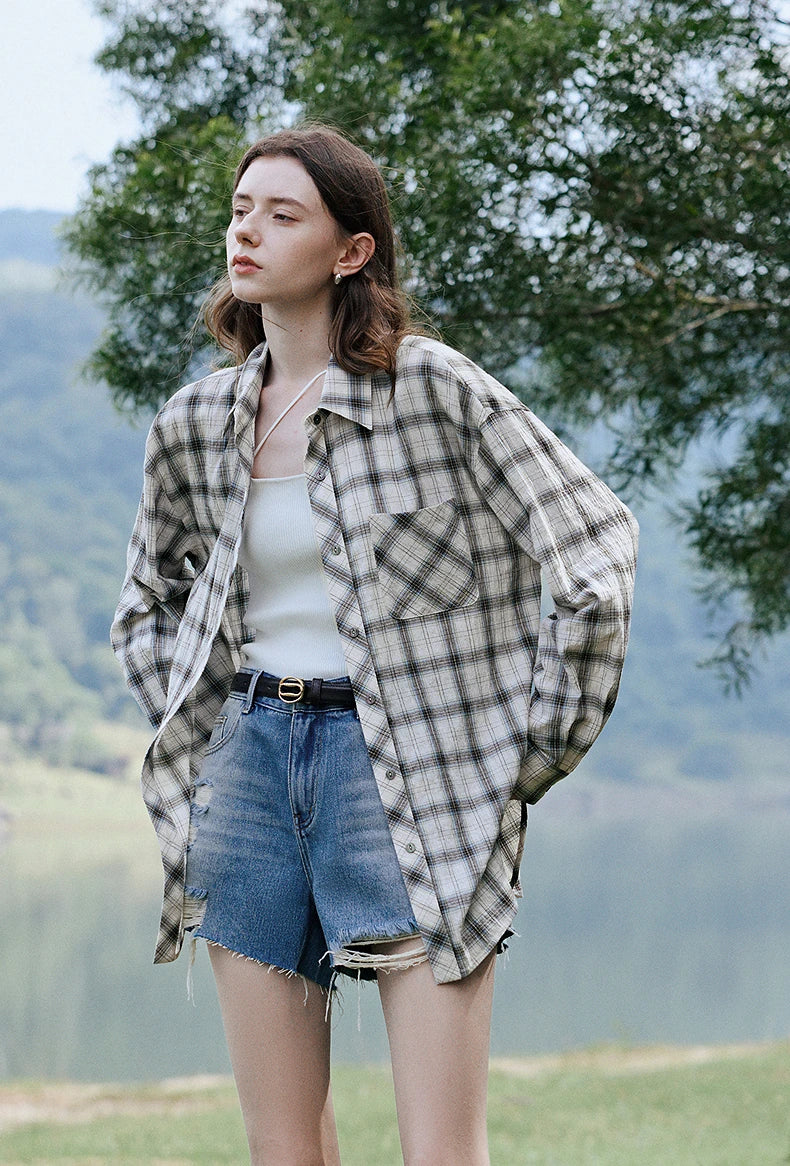 TOYOUTH Women Long Sleeve Blouse Shirt 2025 Spring New Cotton Plaid Retro Turn Down Collar Casual Shirt Tops