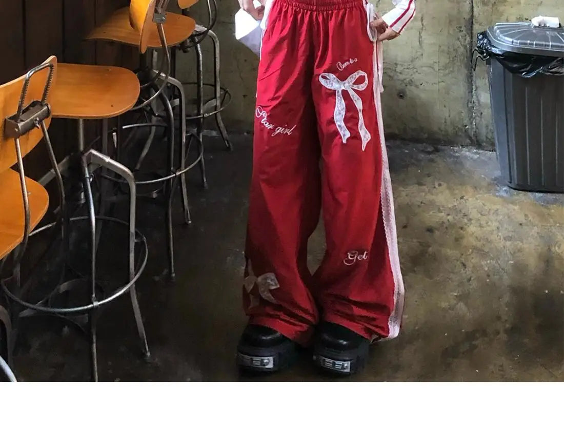 Dophee Original Spice Girls Elastic Waist All-match Loose Straight Wide Leg Pants Cute Bow Printed Splicing Lace Casual Trousers