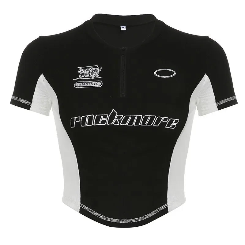 Summer New Pure Desire Spicy Girl Patchwork Contrast Color Embroidery Slimming Zipper Short Sleeve T-Shirt Women's Top