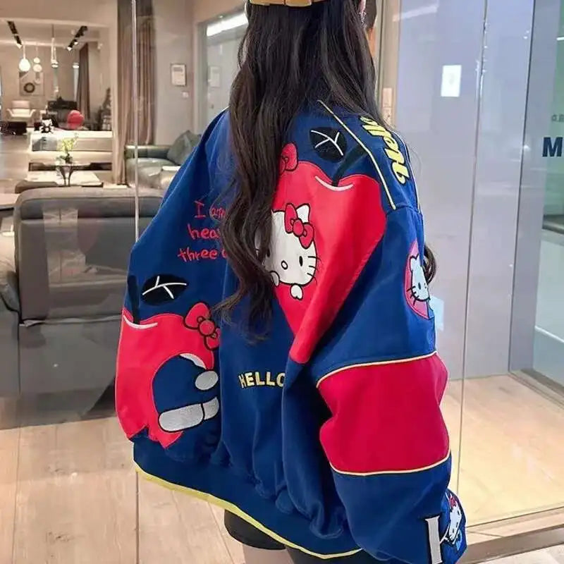 Cartoon Hellokitty Y2k Baseball Jacket Button American Retro Coats Embroidery KT Cat Harajuku Jacket Women Oversized Coat