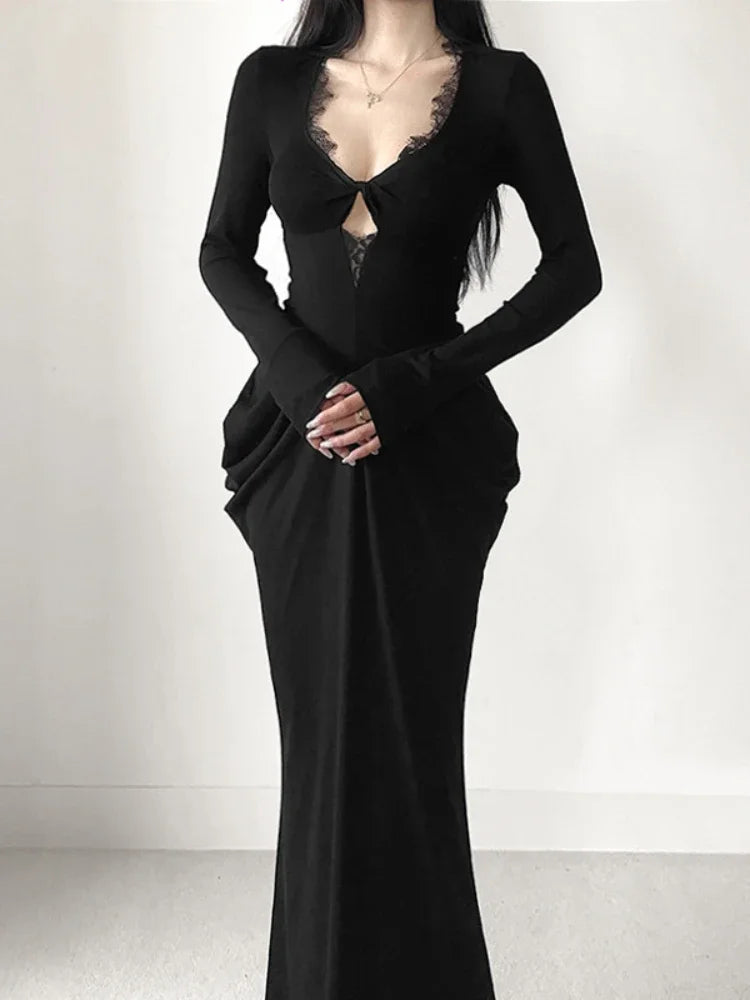 AltGoth Fairycore Grunge Elegant Midi Dress Women Mall Gothic Sexy Lace Patchwork Hollow Out Long Sleeve High Waist Corset Dress