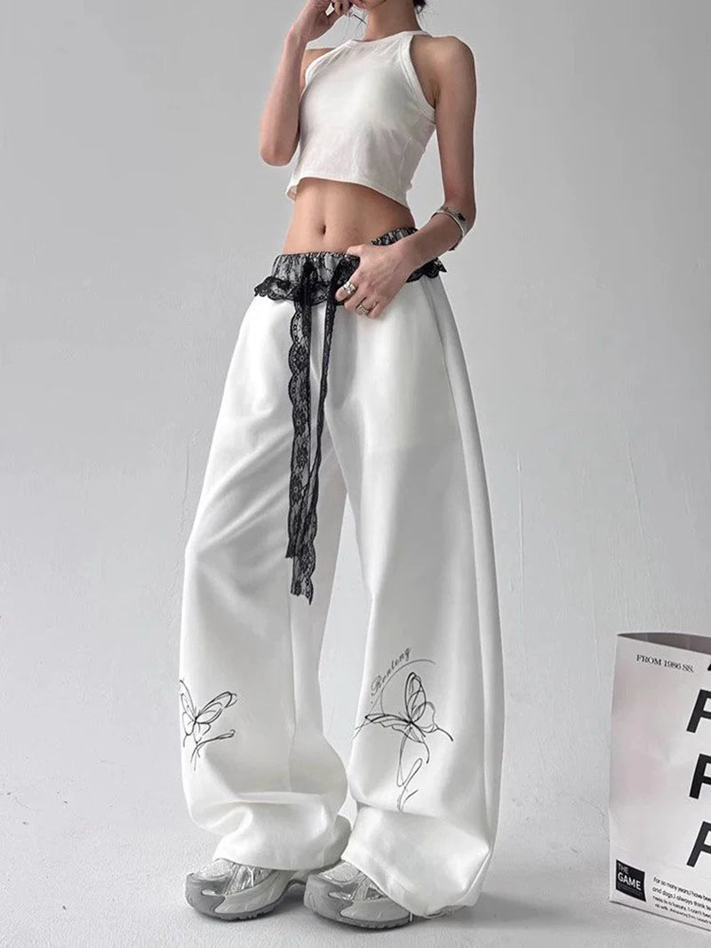 Zoki Vintage Bufferfly Y2K Sweatpants Women Loose High Waist Lace Patchwork Pants Streetwear Retro Casual Bf Harajuku Trousers
