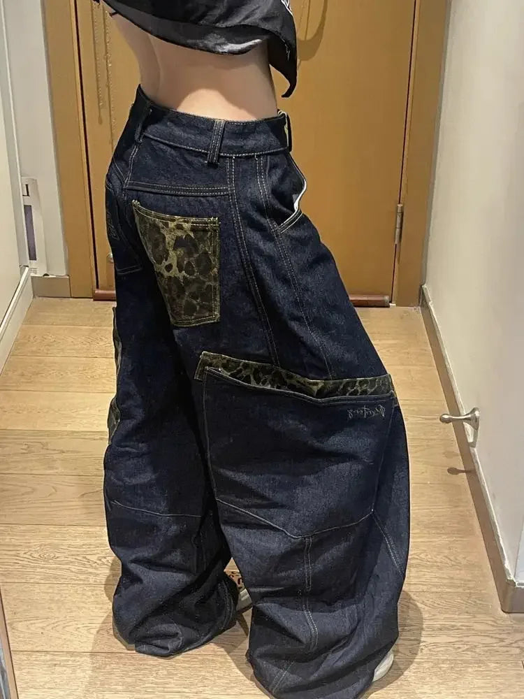 Retro High Street Loose Fit Deep Blue Wide Leg Jeans for Women with Slimming Flare Design Perfect for Autumn Winter Casual Style