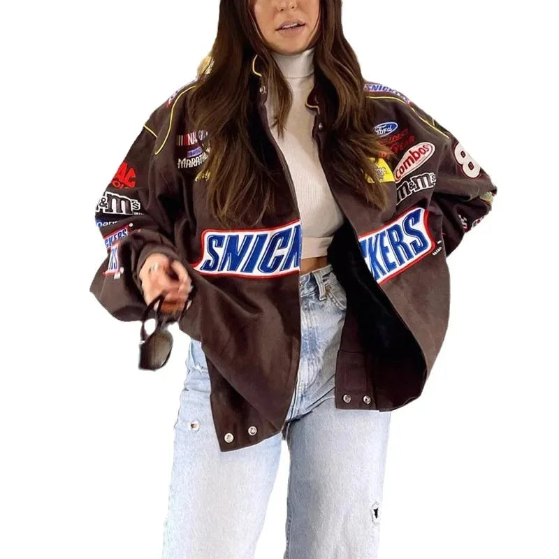 Loose Long Sleeve Motorcycle Style Jacket Autumn Winter New Arrival Casual Patchwork Color Print Women's Outerwear Coat