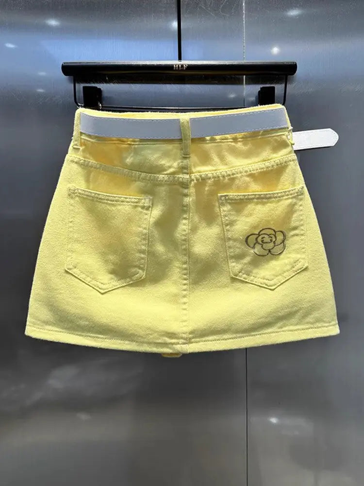 Female Korean All-match Denim Short Skirt 2025 Summer New Trend Sexy Embroidered Solid Color High Waist Printing A-line Skirt