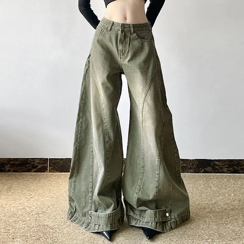 Retro Fashion Old-segmented Denim Cargo Pants Low Waist Loose American Street Harajuku Casual Jeans Women Unisex Wide-leg Pants