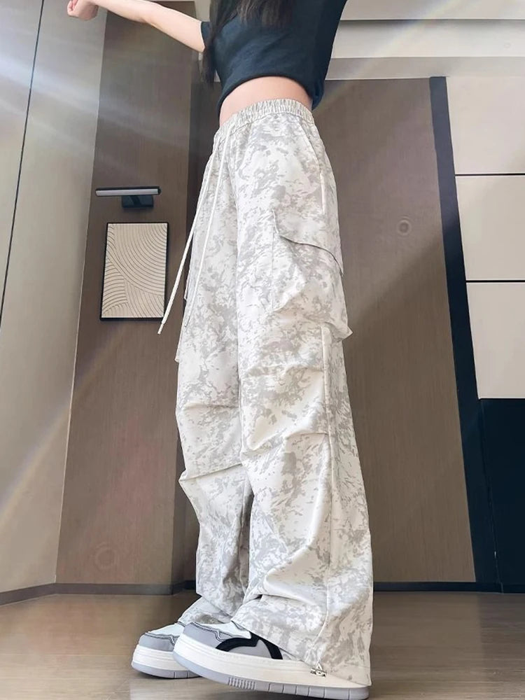 Zoki Tie Dye Streetwear Cargo Pant Women Vintage Loose High Waist Y2K Trousers Harajuku American Casual Summer Bf Wide Leg Pants
