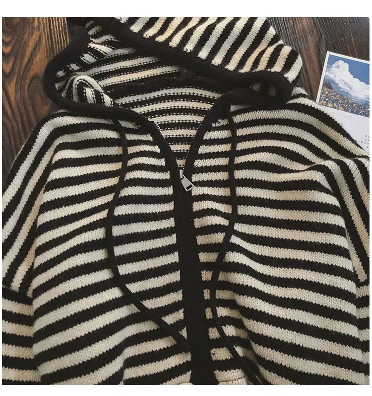 Contrast Color Stripe Hood Knit Cardigan Women Autumn and Winter New Loose Design Sense Long Sleeve Cardigan Sweater Outerwear