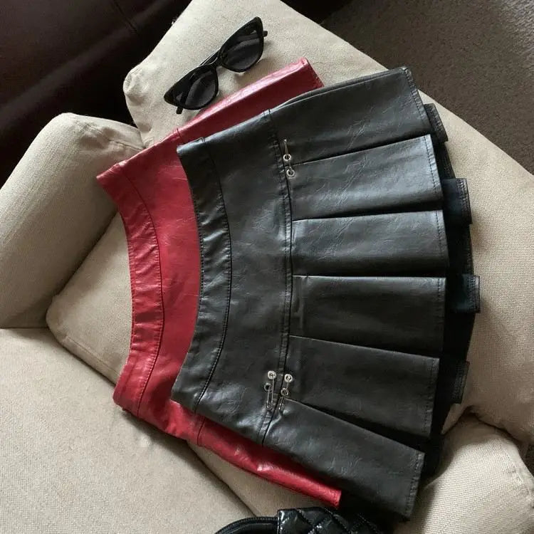 American PU Leather Pleated Skirt Women Slim High-waisted Design Mini Skirt Red Black